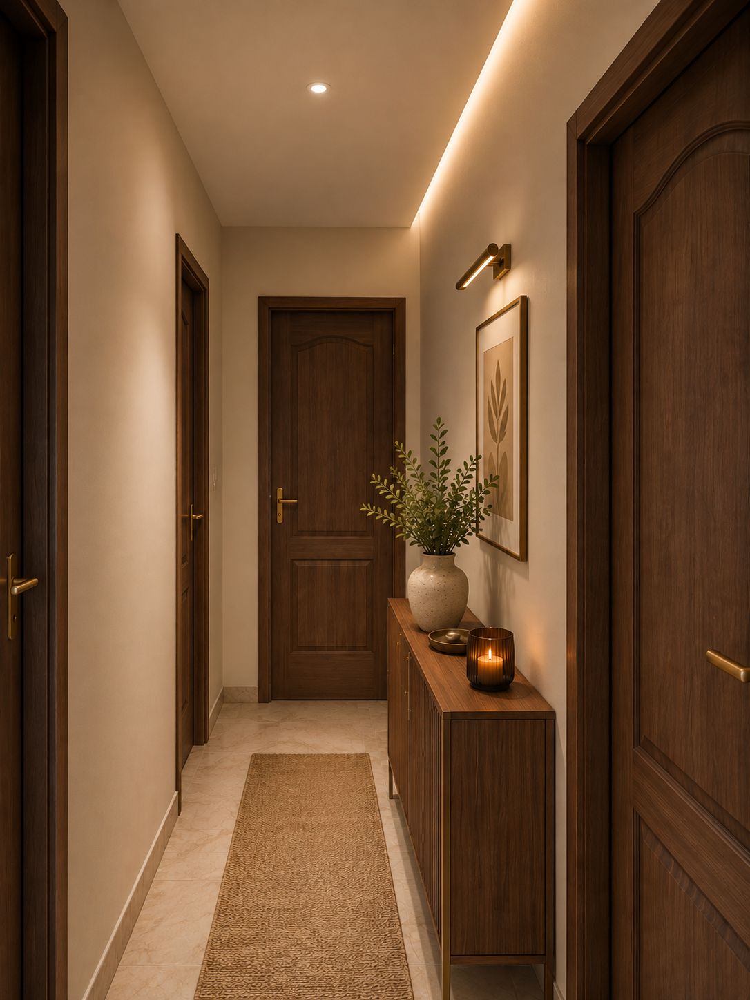 Un couloir avec une porte en bois, une console sur laquelle sont posés un vase et une bougie, et un tableau encadré accroché au mur.
