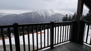 Um deck de madeira com vista para montanhas cobertas de neve.