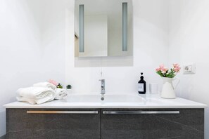 Shower, free toiletries, hair dryer, bidet