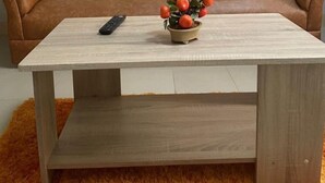A living room with a sofa, three orange cushions, a small table with a potted plant, and a remote control. - Saekyung Village One-Phase 2 (Lapu-Lapu City)