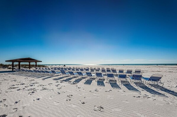 A beach with rows of sun loungers and a pavilion.