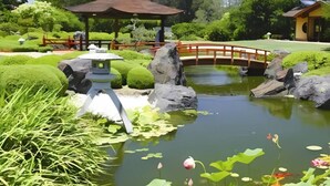 Un jardin paisible avec un étang, des rochers et un pont en bois.