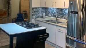 A modern kitchen with a gas stove, stainless steel appliances, and a tiled backsplash.