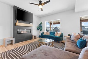 Smart TV, fireplace, video games, music library