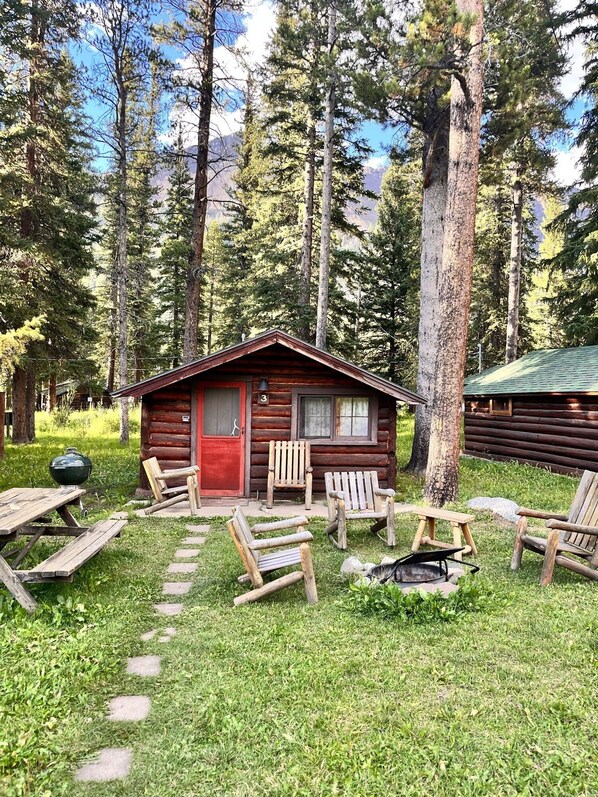 Un chalet rustique avec une porte rouge, entouré de grands arbres et d’une pelouse où se trouvent des chaises en bois et une table de pique-nique.