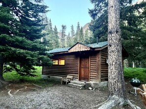 A log cabin with a wooden door and window, surrounded by trees and a gravel path. - Comfortable Cabin next to Yellowstone National Park (SILVER GATE)