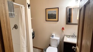 Une salle de bain équipée d’une douche, de toilettes, d’un lavabo et d’un tableau encadré au mur.