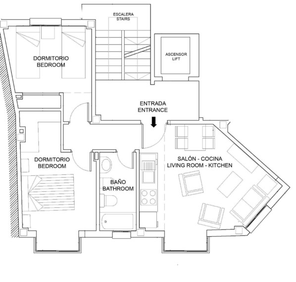 A floor plan of a hotel with two bedrooms, a bathroom, a living room with a kitchen, a staircase, and an entrance. - Evergreen Centre Apartment Living4malaga (Málaga)