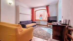 A living room with a sofa, a television, a desk with a computer, and a window with curtains. - Nice apartment for 4 people with WIFI, TV and pets allowed (Prè-saint-didier)