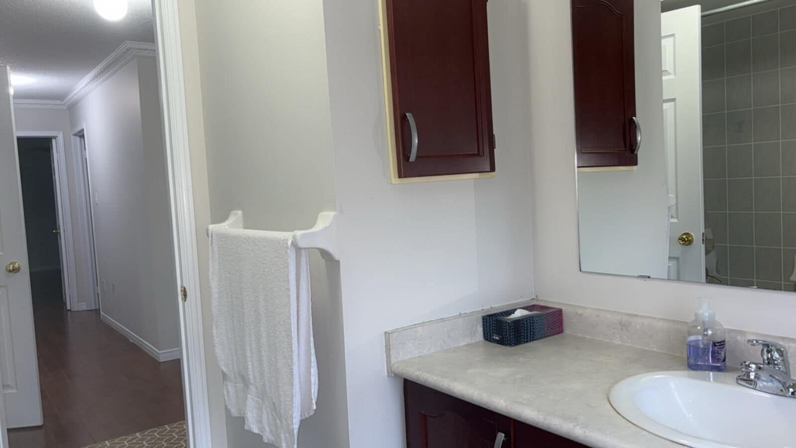 Un bagno con un lavandino bianco, uno specchio e un asciugamano appeso a un portascopevoli.