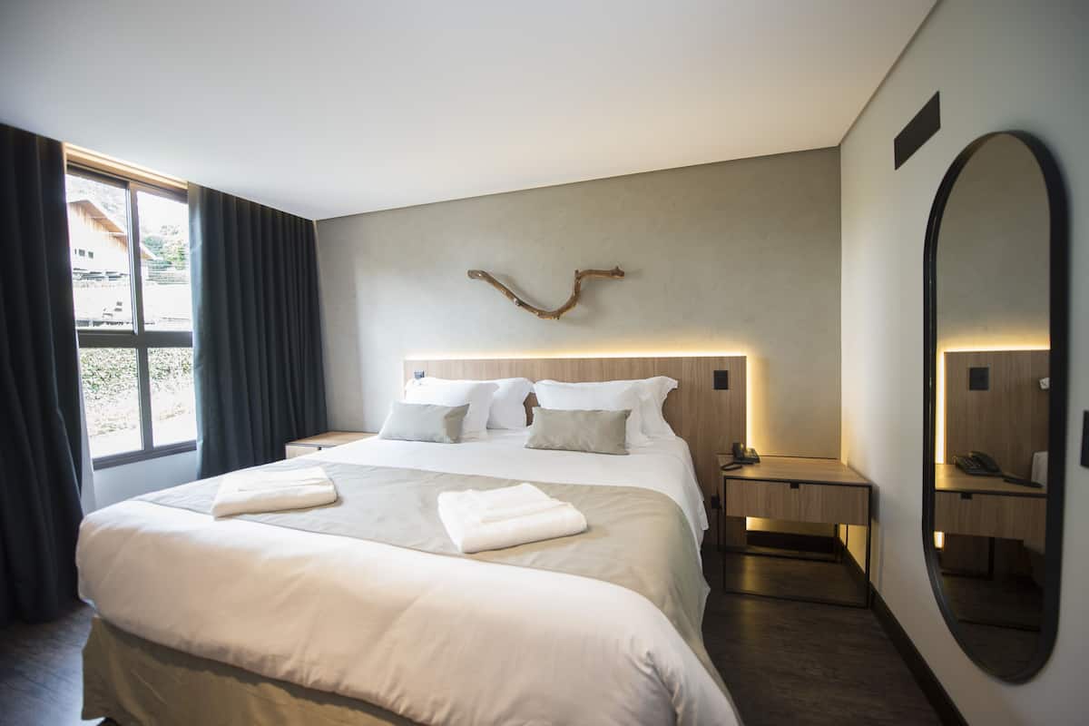 A modern hotel room with a large bed, a bedside table, a mirror, and a view of the outdoors.
