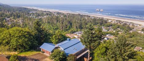 Zona residencial com uma casa destacada pelo telhado azul, cercada por vegetação densa e uma praia ao fundo.