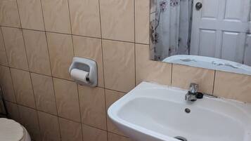 Shower, towels, soap, toilet paper