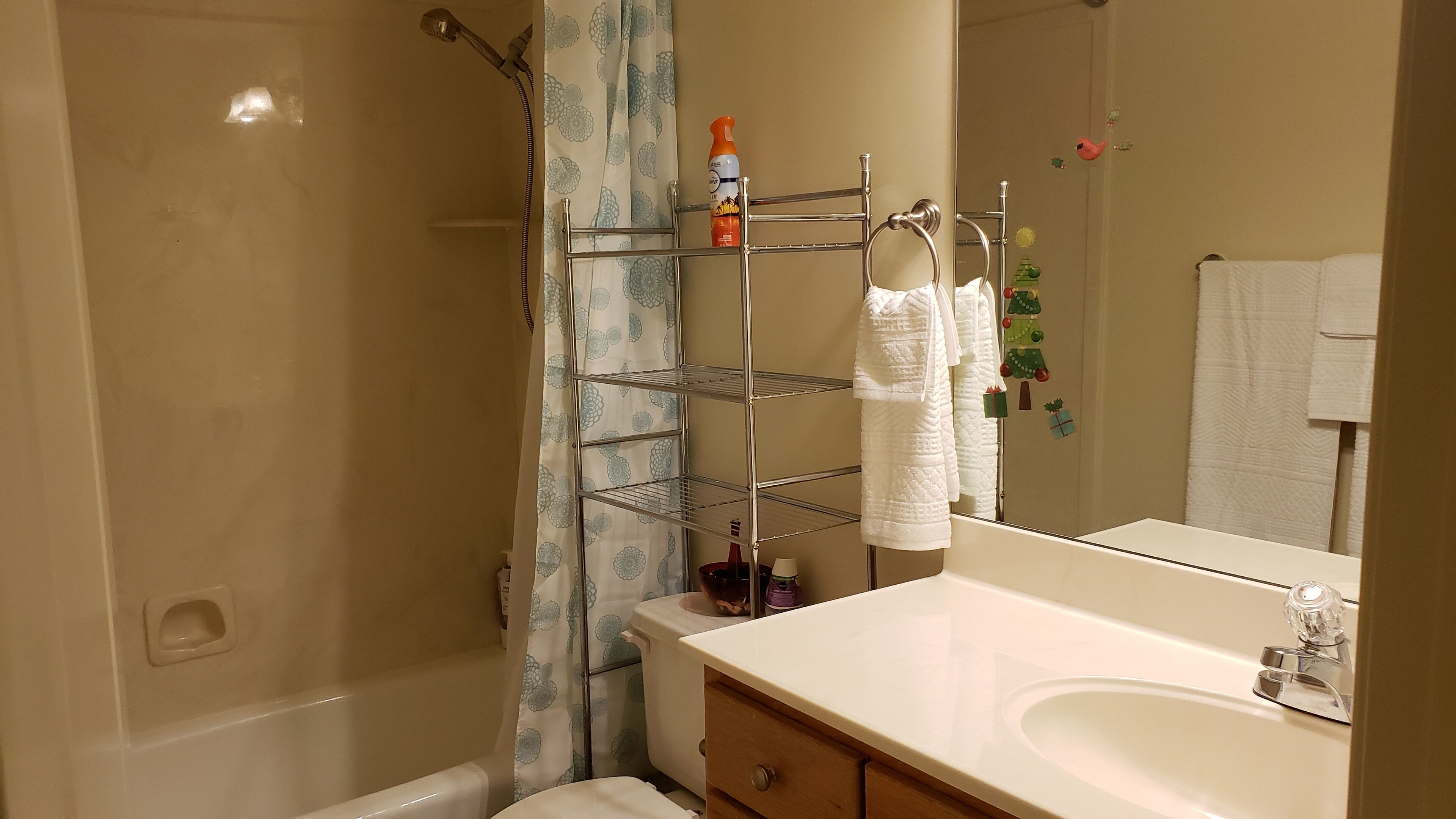 Een badkamer met een douche, toilet, wastafel en spiegel.