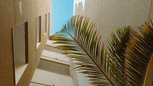 Ein modernes Interieur mit einer großen Zimmerpalme, einer weißen Decke mit geometrischen Mustern und einem durch die Decke sichtbaren, klaren, blauen Himmel.