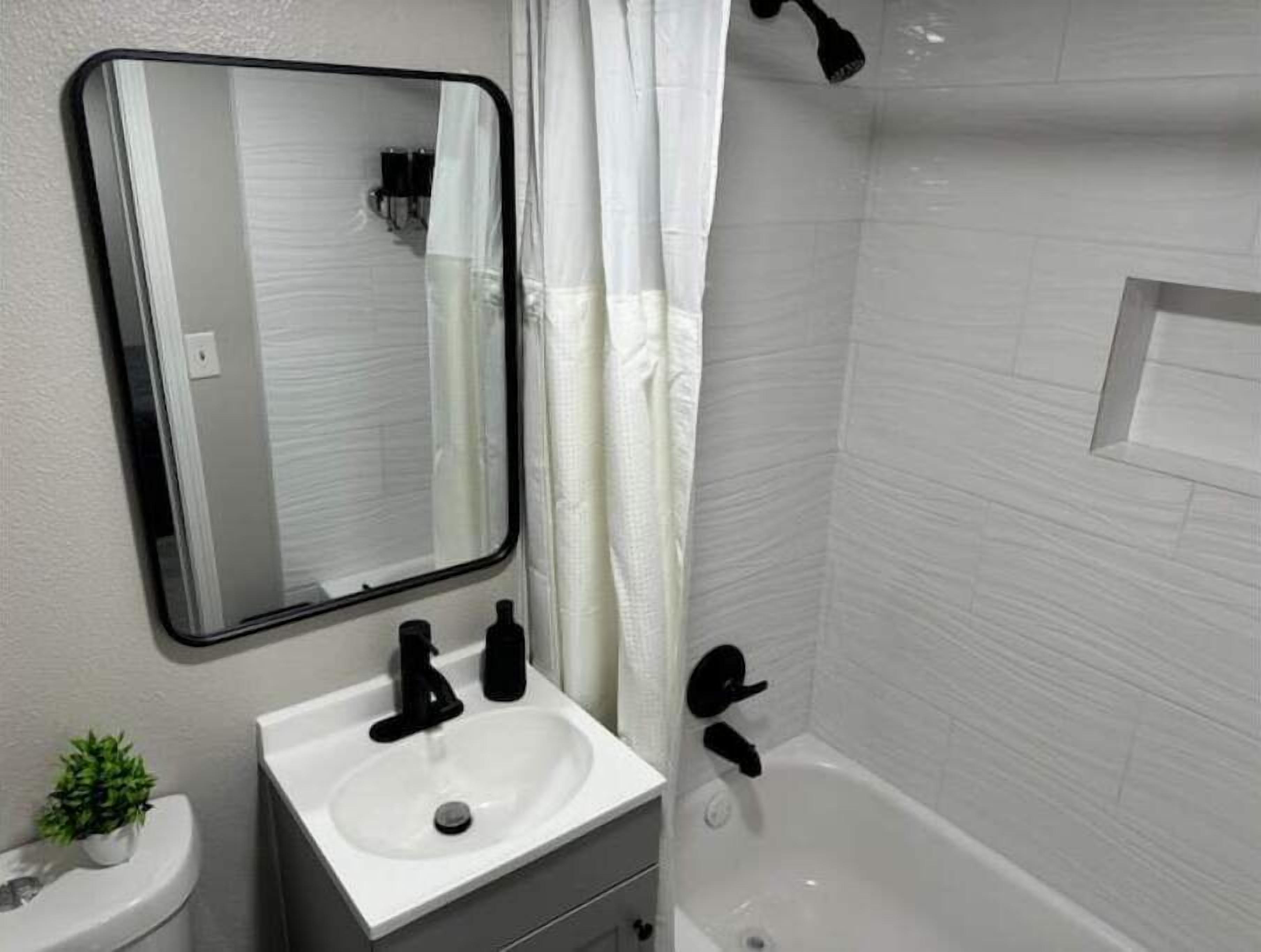 Hair dryer, towels, soap, shampoo