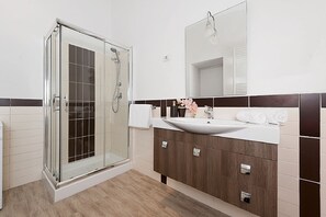 Shower, hair dryer, bidet, towels