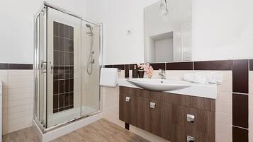 Shower, hair dryer, bidet, towels