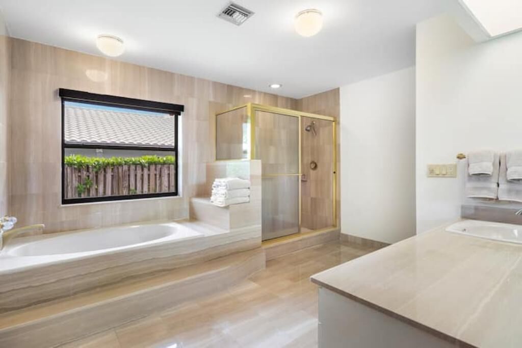 Hair dryer, towels, soap, shampoo