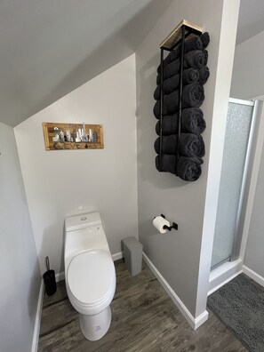 Chuveiro, secador de cabelo, toalhas de banho, sabonete