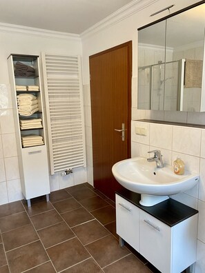 Hair dryer, towels, soap, toilet paper