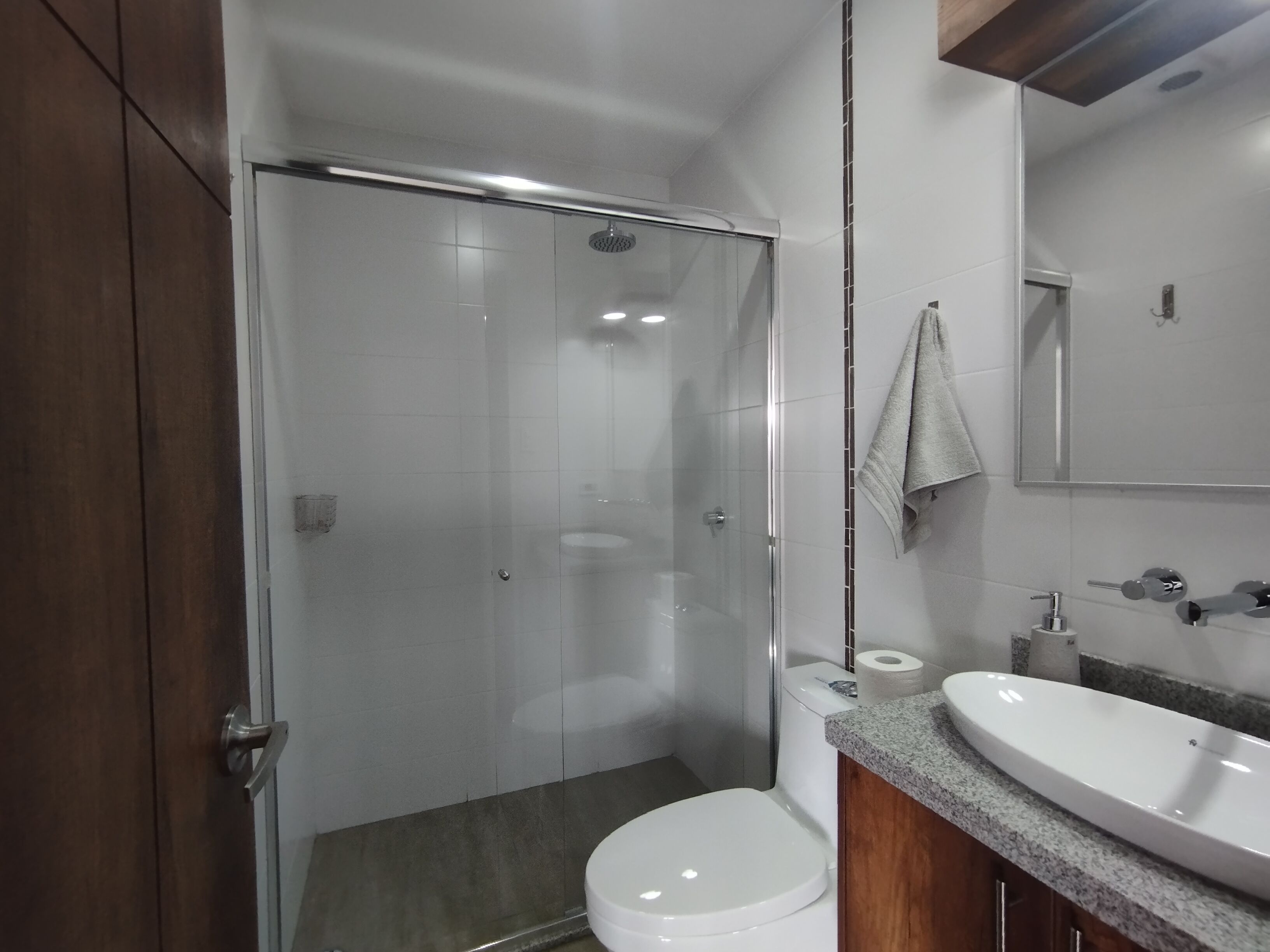 Een moderne badkamer met een douchecabine van glas, een wit toilet en een wastafel met granieten blad.