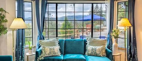 Smart TV, fireplace, DVD player, books