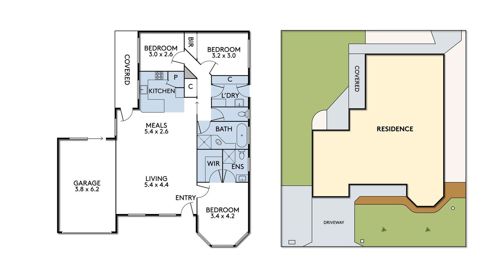 A floor plan of a residence with a garage, living room, two bedrooms, a kitchen, a bathroom, and a covered area.