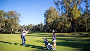 Un parcours de golf avec un green d’entraînement, des arbres et un sac de golf.