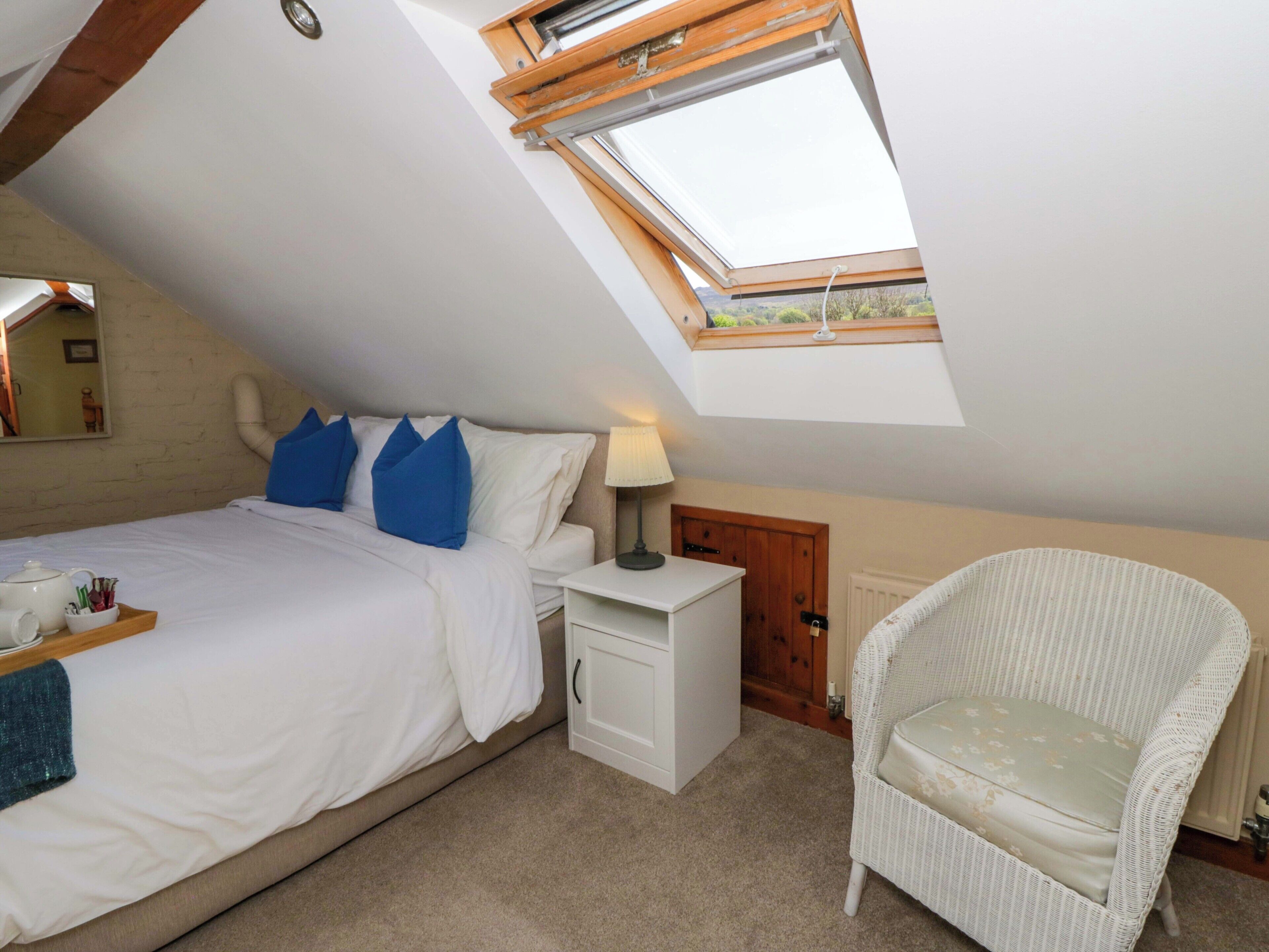 A bedroom with a skylight, a bed, a nightstand, a chair, and a door.