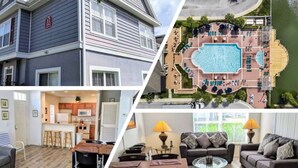 A multi-story building with a swimming pool, a kitchen area, and a living room with a sofa and coffee table. - 4 Bedroom 3 Bathroom Villas At Seven Dwarfs 17-107 (Kissimmee)