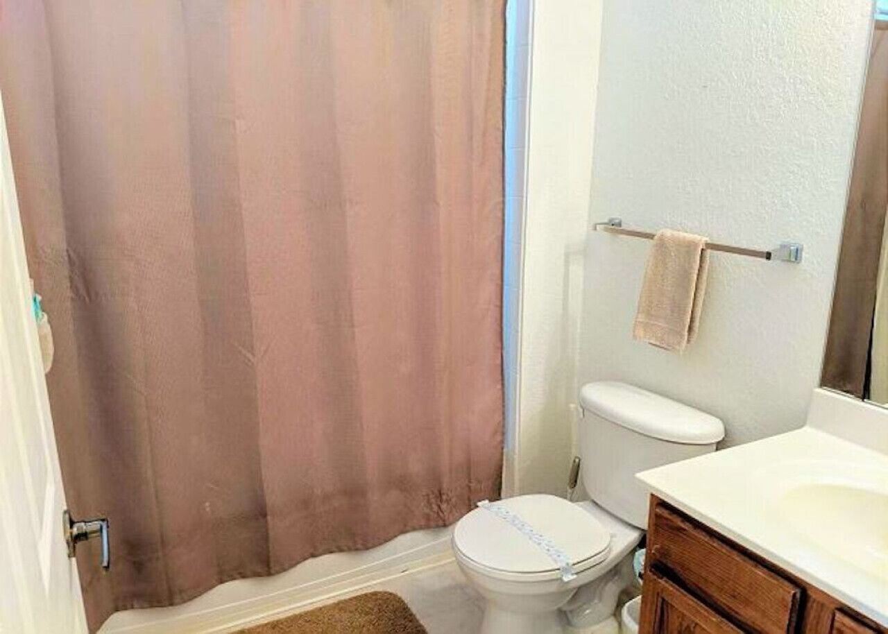 A bathroom with a toilet, a sink, and a shower curtain.