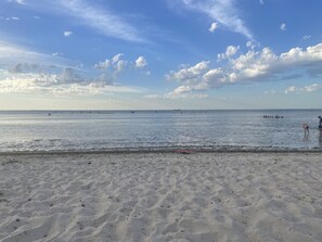 Une plage avec un rivage sablonneux et un ciel dégagé.