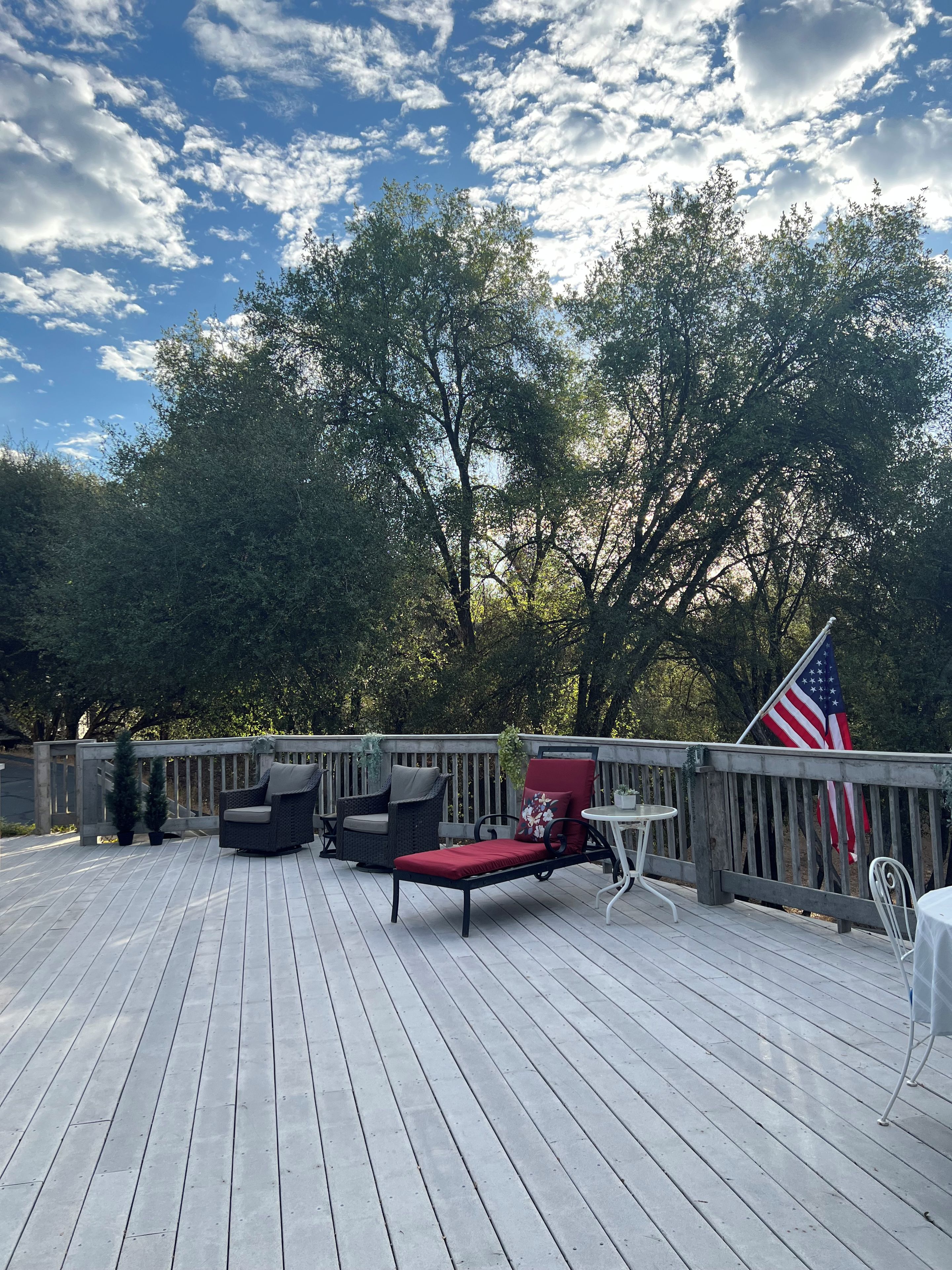 Eine Holzterrasse mit Gartenmöbeln, darunter ein roter Liegestuhl mit Polster und ein Korbstuhl, sowie eine amerikanische Flagge.