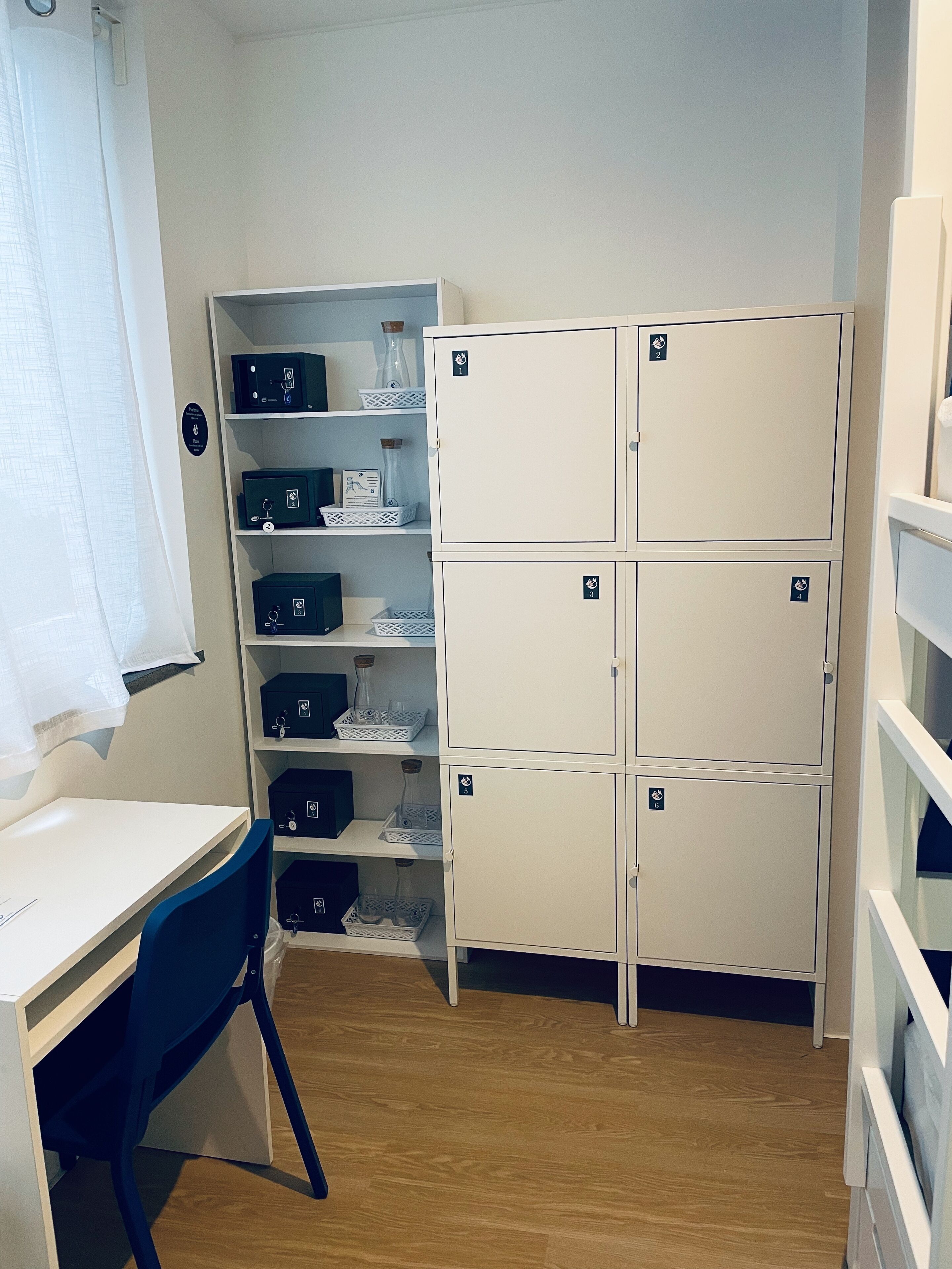 Een kamer met een bureau, stoel en een aantal kasten met genummerde sloten.