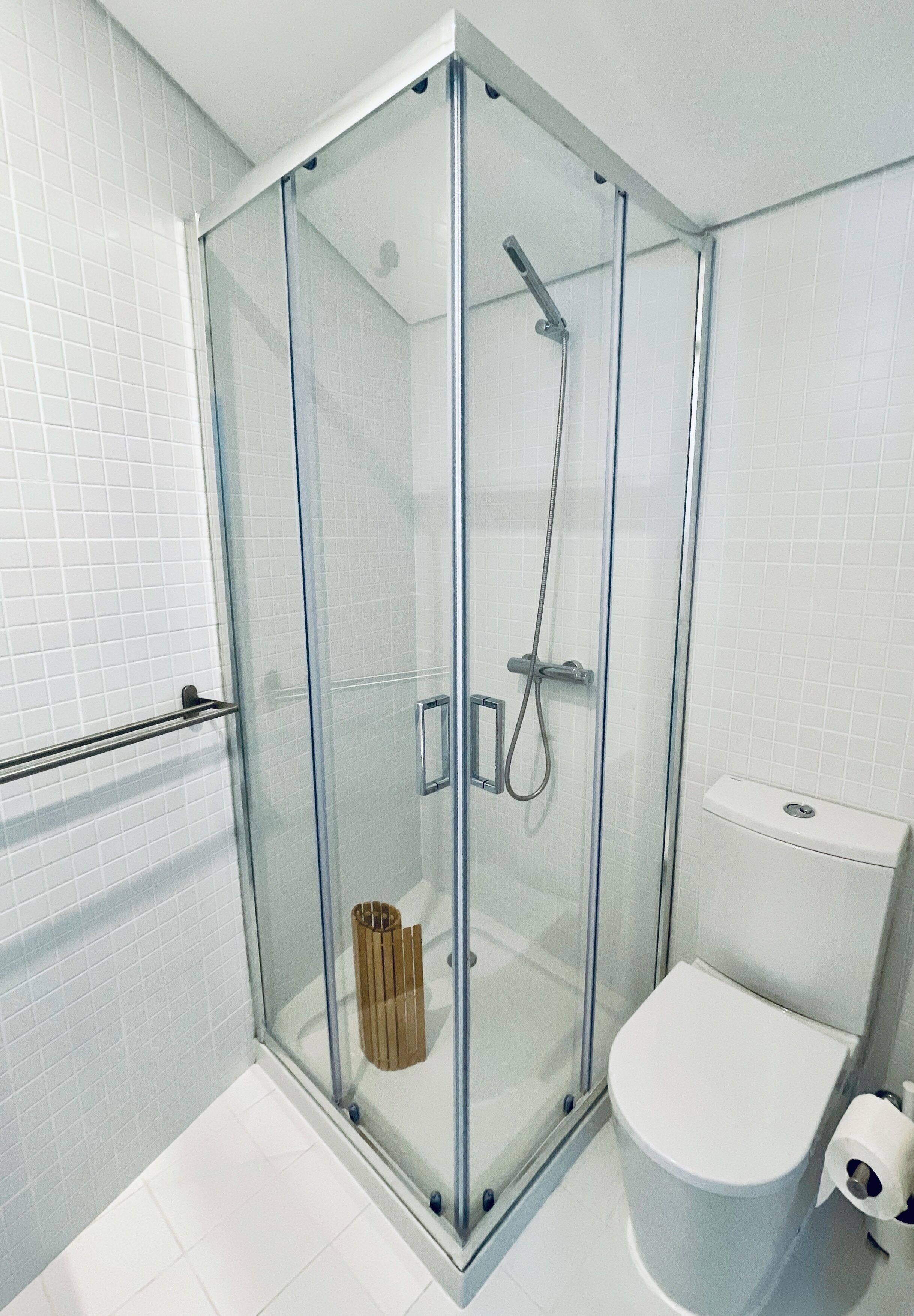 A glass-enclosed shower with a handheld showerhead, a toilet, and a trash bin.
