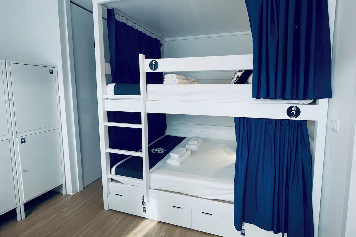 A bunk bed with a ladder, a small desk, and a wardrobe.