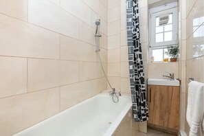 Hair dryer, towels, soap, toilet paper