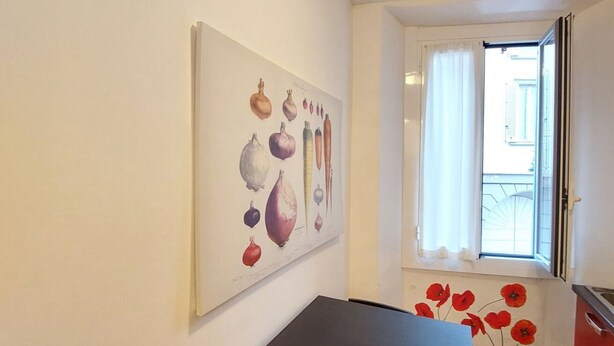 A hallway with a painting of vegetables on the wall, a door leading to a balcony, and a red poppy decoration on the floor.