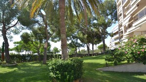 A well-maintained garden with various trees and shrubs, a clear sky, and a multi-story building in the background. - Beautiful apartment for 6 people with WIFI, pool, A/C, TV, terrace and pets allowed (Salou)