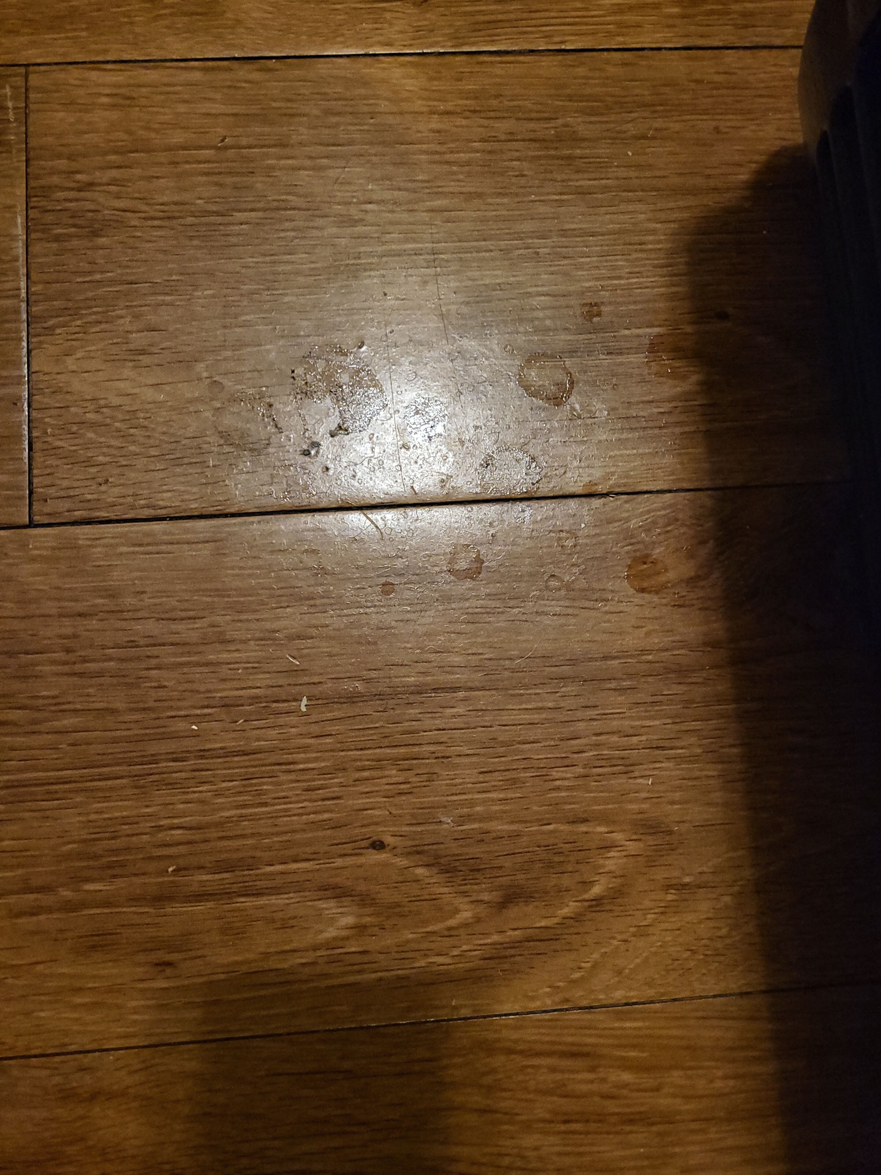 A wooden floor with visible water damage and a dark shadow.