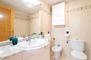 Shower, hair dryer, towels
