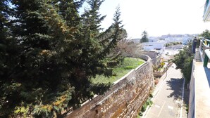 Une vue sur un paysage urbain avec un mur de pierre et des arbres.