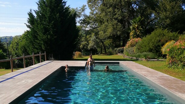 A rectangular swimming pool with clear water, surrounded by a wooden deck and lush greenery.