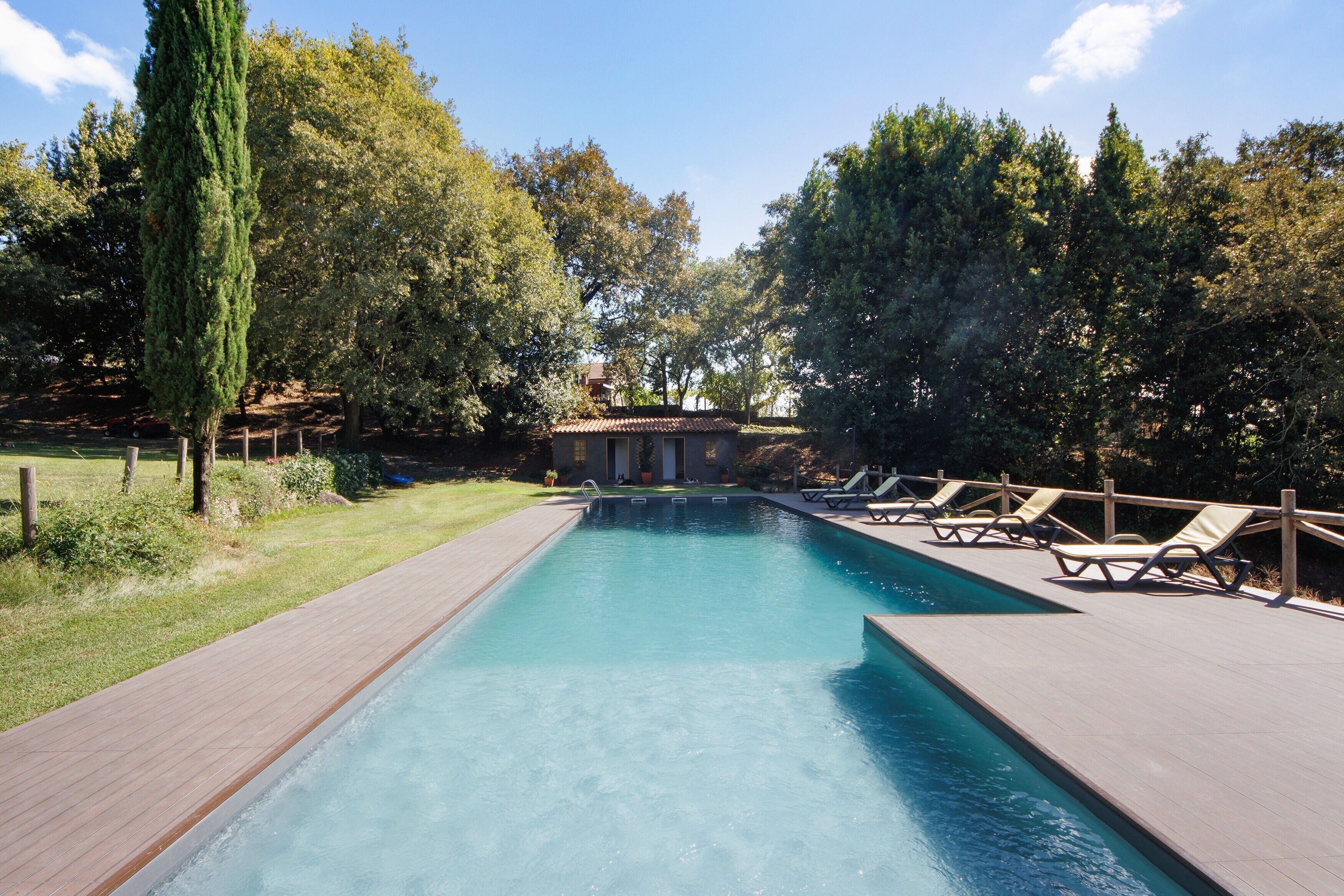 A rectangular swimming pool with a tiled deck, surrounded by trees and a building in the background.