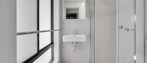 A modern bathroom with a glass shower enclosure, a white sink, and a large mirror above the sink.