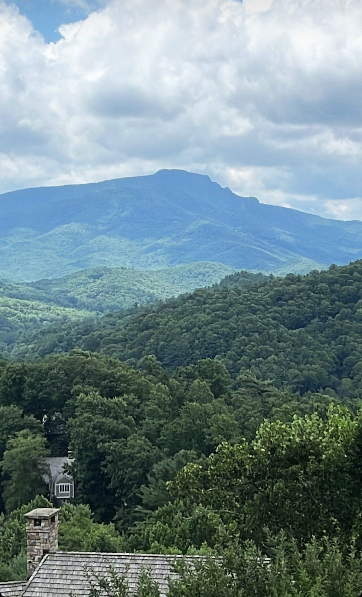 A mountain with a forested valley and a small building with a stone chimney in the foreground.