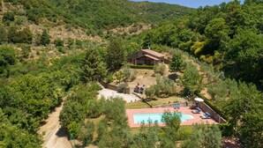 A hillside villa with a swimming pool, surrounded by lush greenery and a mountainous backdrop. - Wonderful private villa for 6 people with private pool, WIFI, TV, terrace and pets allowed (Castiglion Fiorentino)