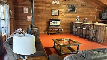 Smart TV, fireplace, books
