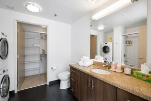 Hair dryer, towels, soap, shampoo